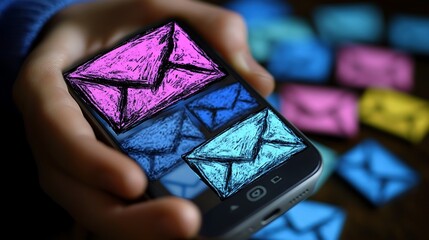 Hand holding a smartphone with multiple colored email icons.