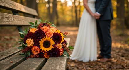 Couple holding hands with wedding bouquet in autumn park