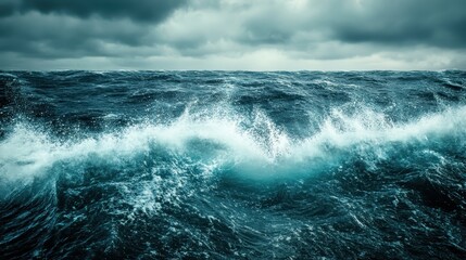 Fototapeta premium Turbulent Ocean Waves Under Dramatic Gray Cloudy Sky Landscape