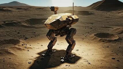 Robotic exploration vehicle standing on a barren alien landscape with distant mountains and craters - Powered by Adobe