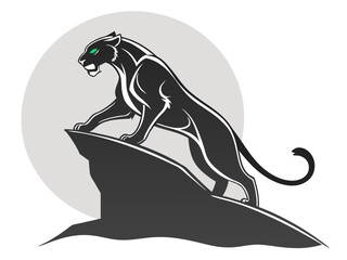 Powerful black panther silhouette, poised and ready. A bold, stylized silhouette of a black panther, standing alert on a stylized hilltop. 