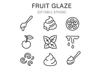 Fruit glaze icons set: spoon, whipped cream, lemon, cherry, mint, drip, swirl
