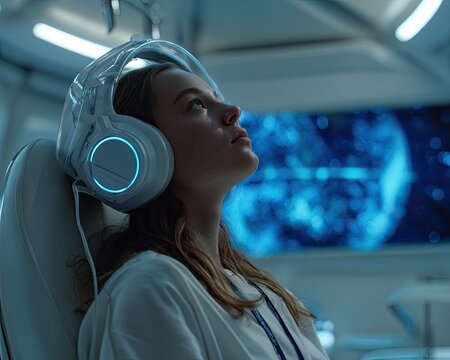 Young Woman In Futuristic Headset Looking Up In Medical Setting - Powered by Adobe