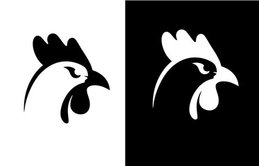 Monochrome rooster head logo design featuring a fierce cockerel in a bold, graphic, and stylized silhouette. © YotsuCreative