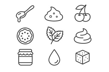 Set of simple food ingredient icons including honey, dough, cherry, cookie, mint, cream, jam, water, sugar cube
