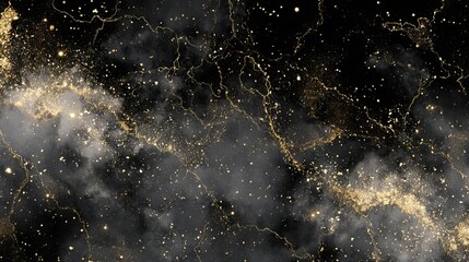3D render of a black and gold night sky with clouds, stars, and particles, in a seamless pattern.