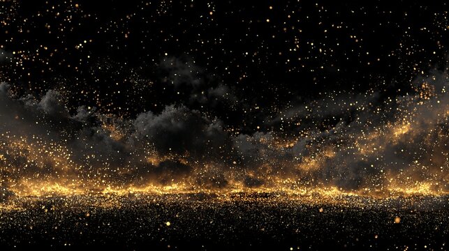 3D render of a black and gold night sky with clouds, stars, and particles, in a seamless pattern.