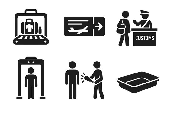 Airport security icons: baggage scan, boarding pass, customs, metal detector, inspection, tray