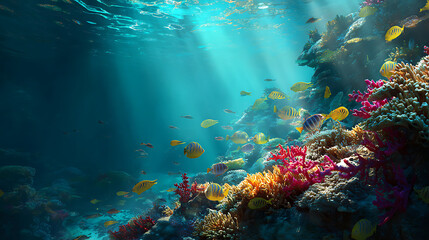 Obraz premium Vibrant coral reef teeming with life and colorful fish shining with sunlight in deep blue ocean water