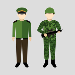 Military soldier and officer character vectors in flat design style.