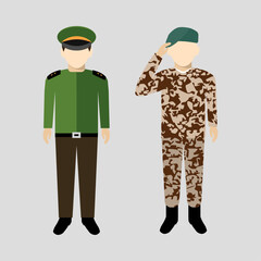 Military personnel in uniform and camouflage flat design vectors.