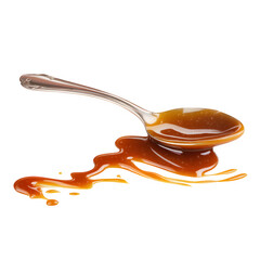 Spoon with Spilled Caramel Sauce Isolated on Transparent Background


