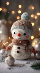 Cute knitted snowman figurine with cozy hat and scarf in festive holiday setting