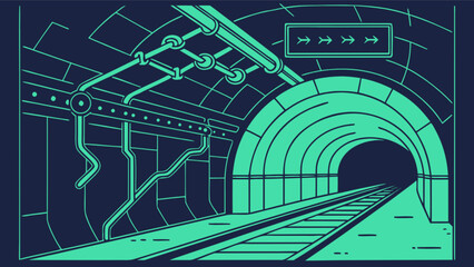Underground subway station illustration with train tracks and tunnel vector design for transportation art