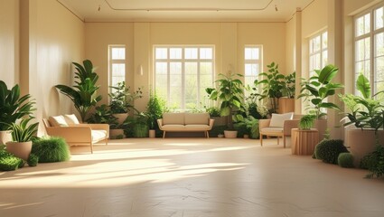 Fototapeta premium A sun-drenched room filled with lush greenery and light beige furniture.