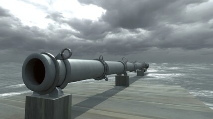 Industrial Pipe Leading to Sea Under Dramatic Cloudy Sky