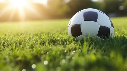 Fototapeta premium Close-Up of a Soccer Ball on Green Grass Under Warm Sunlight