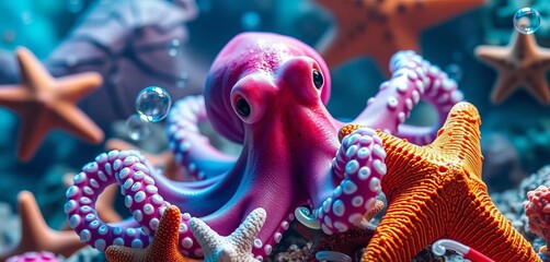 Smiling octopus amidst starfish and bubbles, serene underwater fantasy scene,  invertebrate,  ocean