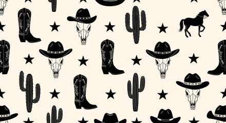 Minimalist Vector SVG Pattern with Cowboy Skull Hats Cacti and Stars in Black and White Style