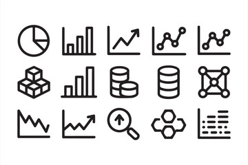 Collection of Analytical Icons Including Line Charts, Data Tables, and Databases