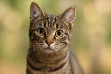 Fototapeta premium Close-up portrait of an adorable domestic shorthair tabby cat with a curious gaze and wide eyes on a soft blurred background.