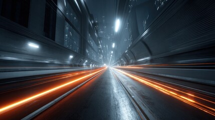 Futuristic city street at night with motion blur