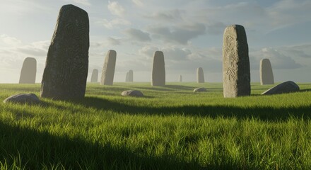 Mysterious Ancient Standing Stones with Runes in a Vast Green Field under Hazy Sky