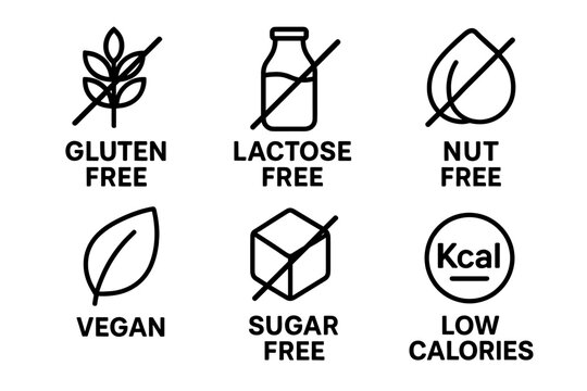 Food allergy icons: gluten free, lactose free, vegan, sugar free, low calories