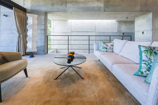 Modern concrete architect-designed house in Motobu district, Okinawa, Japan, with minimalist structure and interiors, with a newly planted tropical garden