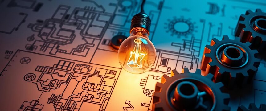 Bright lightbulb above gears turning on a blueprint,  education,   clean