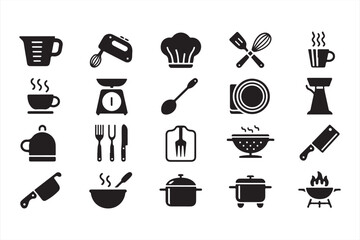 Set of Kitchen Utensils, Appliances, and Cookware Icons for Food Preparation