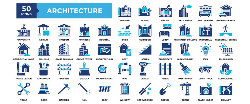 50 Property Development icon set. Containing design Property Development, Built Structure, Architectural, Builder, Home Maintenance	