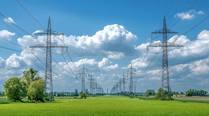 Electricity pylons transporting energy across a vibrant green field under a blue sky dotted with cumulus clouds, symbolizing the distribution of power in a rural landscape