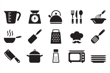 Set of Cooking Utensils, Measuring Tools, and Kitchen Appliances in Silhouette