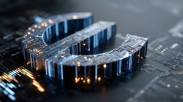 Futuristic glowing euro symbol made of circuits on a circuit board, representing the concept of digital euro currency, cbdc, or central bank digital currency, and the future of finance