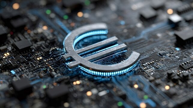 Metallic euro symbol glowing on a futuristic computer circuit board, representing the concept of digital euro currency, online payment, and electronic transactions