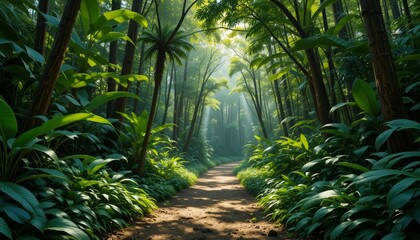 Peaceful Sunlit Pathway Through a Lush Green Tropical Forest.