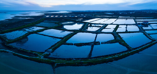 Aerial drone view of the Ria Formosa in the Algarve. A protected area, both a coastal natural park and a Ramsar site, in the Algarve region. Portugal, Europe