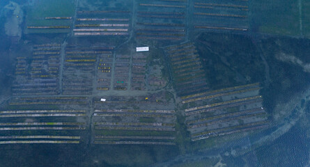 Seafood farming in the Ria Formosa in the Algarve. Aerial view from a drone. Protected as a Coastal Natural Park and Ramsar Site in the Algarve region. Portugal, Europe