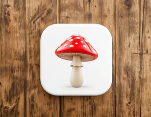 Red Mushroom Icon on Wooden Surface for Creative Nature Concepts.