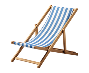 A classic wooden beach chair with bright blue and white stripes sits empty, ready for tranquil summer relaxation. Isolated transparent png.