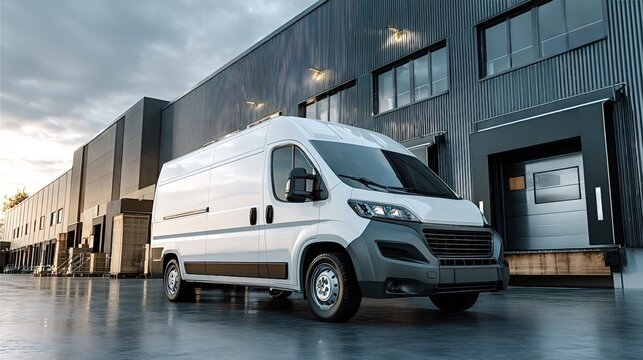 Generic white delivery van parked outside a modern warehouse building with loading docks, representing logistics, distribution, and transportation
