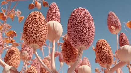 Abstract plant forms, soft pink and peach tones, against a light blue sky