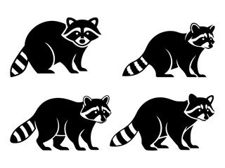 Four stylized black silhouette illustrations of raccoons in different poses on a white background