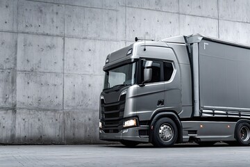 Modern silver semi truck parked near a concrete wall, representing transportation, logistics, and the trucking industry in an urban environment