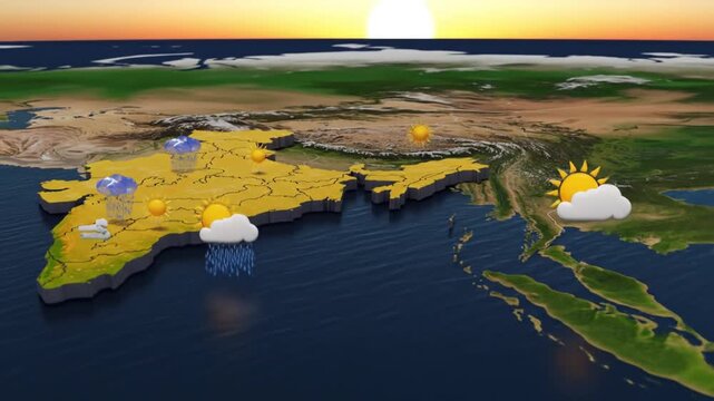 3D map of India showcasing various weather patterns.