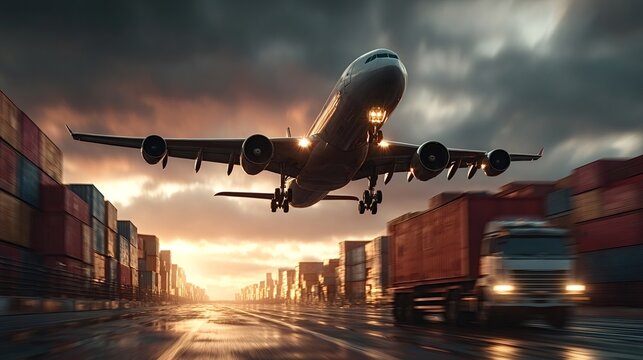 Airplane is landing over trucks carrying cargo containers on a wet road at sunset, symbolizing global logistics, transportation, and importexport operations