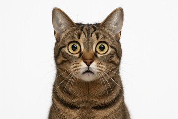 A close-up studio portrait of a brown tabby cat with wide, surprised eyes. The funny feline has a shocked expression looking at the camera on a white background.