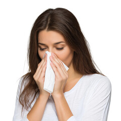 woman sneezing into tissue while standing indoors
