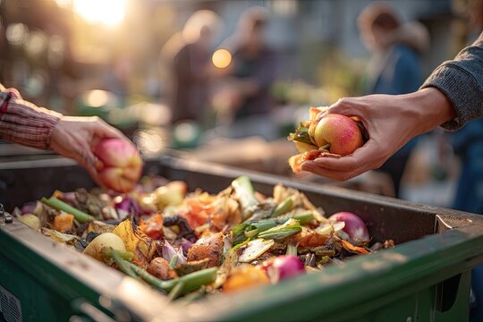 Hands Composting Food Waste In Outdoor Compost Bin